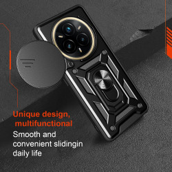Magnetic Car Mount Phone Case for Realme 14 Pro Plus - Armor Rotating Ring Stand with Slide Lens Cover | Shockproof Anti-Fingerprint Protective Case