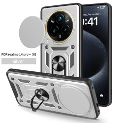 Magnetic Car Mount Phone Case for Realme 14 Pro Plus - Armor Rotating Ring Stand with Slide Lens Cover | Shockproof Anti-Fingerprint Protective Case