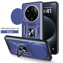Magnetic Car Mount Phone Case for Realme 14 Pro Plus - Armor Rotating Ring Stand with Slide Lens Cover | Shockproof Anti-Fingerprint Protective Case