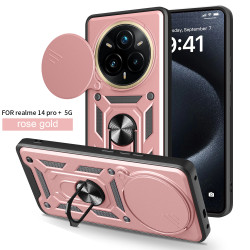 Magnetic Car Mount Phone Case for Realme 14 Pro Plus - Armor Rotating Ring Stand with Slide Lens Cover | Shockproof Anti-Fingerprint Protective Case