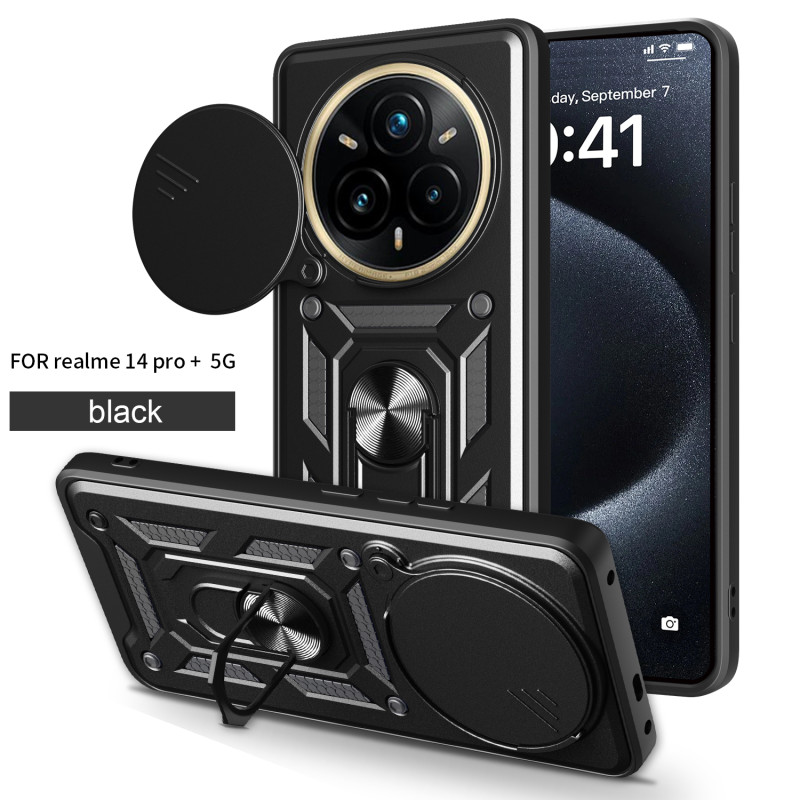 Magnetic Car Mount Phone Case for Realme 14 Pro Plus - Armor Rotating Ring Stand with Slide Lens Cover | Shockproof Anti-Fingerprint Protective Case