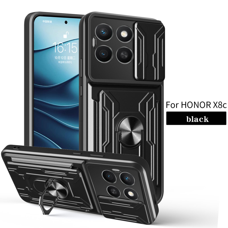 Magnetic Car Mount Phone Case for Honor X8c - Armor Rotating Ring Stand with Slide Lens Cover | Shockproof, Anti-Fingerprint Protective Case for X8c