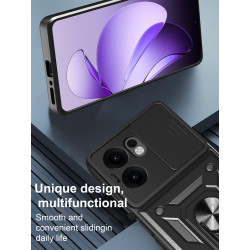 For Oppo Reno 13F Case With Slide Lens Cover Rotating Ring Shockproof Stand Holder Phone Case