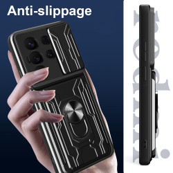 For Samsung Galaxy S25 Ultra Case With Slide Lens Cover Rotating Ring Shockproof Stand Holder Phone Case
