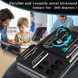 For Samsung Galaxy S25 Ultra Case With Slide Lens Cover Rotating Ring Shockproof Stand Holder Phone Case