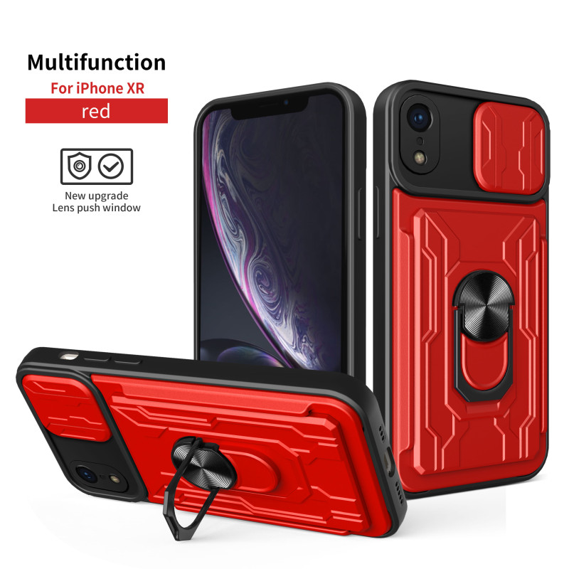 For iPhone XR Case With Slide Lens Cover Rotating Ring Shockproof Stand Holder Phone Case