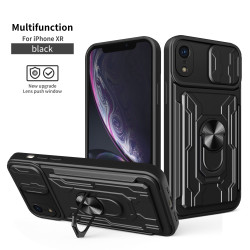 For iPhone XR Case With Slide Lens Cover Rotating Ring Shockproof Stand Holder Phone Case