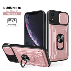 For iPhone XR Case With Slide Lens Cover Rotating Ring Shockproof Stand Holder Phone Case