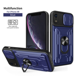 For iPhone XR Case With Slide Lens Cover Rotating Ring Shockproof Stand Holder Phone Case