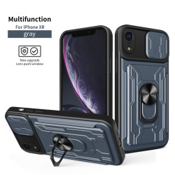 For iPhone XR Case With Slide Lens Cover Rotating Ring Shockproof Stand Holder Phone Case