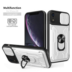 For iPhone XR Case With Slide Lens Cover Rotating Ring Shockproof Stand Holder Phone Case