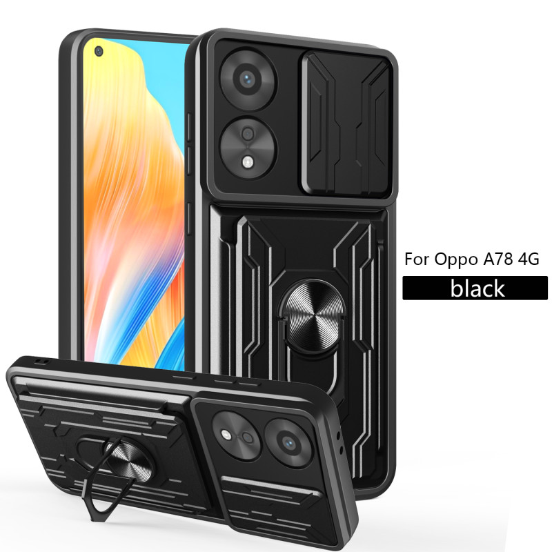 For OPPO A78 4G Case With Slide Lens Cover Rotating Ring Shockproof Stand Holder Phone Case