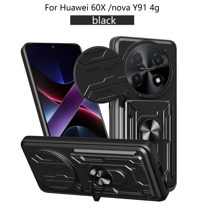 For Huawei 60X Case With Slide Lens Cover nova Y91 4G Rotating Ring Shockproof Stand Holder Phone Case