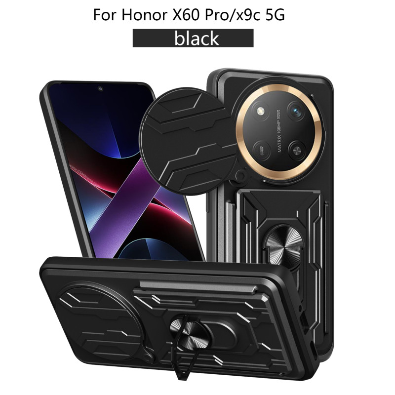 For Honor X60 pro Case With Slide Lens Cover X9C 5G Rotating Ring Shockproof Stand Holder Phone Case