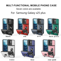 For Samsung Galaxy S25 Plus Case With Slide Lens Cover Rotating Ring Shockproof Stand Holder Phone Case