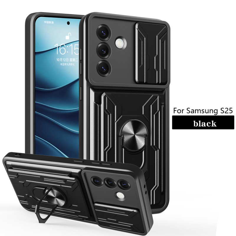 For Samsung Galaxy S25 Case With Slide Lens Cover Rotating Ring Shockproof Stand Holder Phone Case