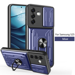 For Samsung Galaxy S25 Case With Slide Lens Cover Rotating Ring Shockproof Stand Holder Phone Case