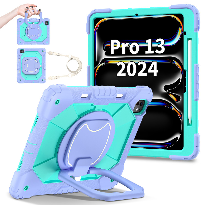Case for iPad Pro 13 inch 2024 Case Safe Silicon + PC Shoulder Strap Shockproof Stand Tablet Cover Handle Stand Rugged Funda