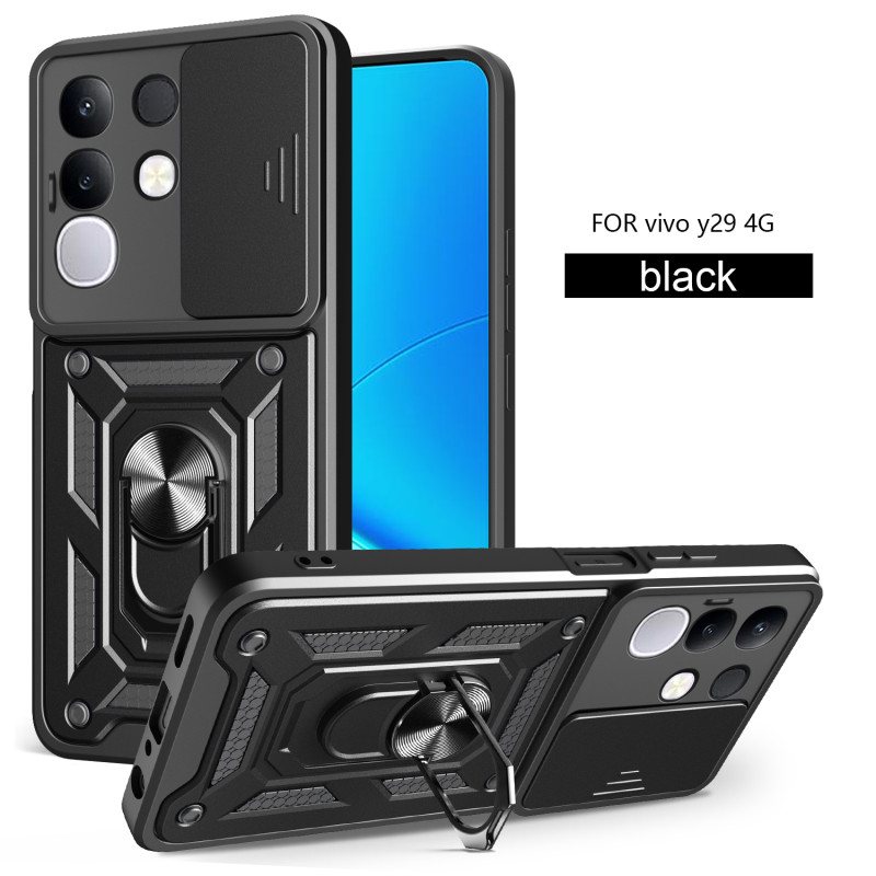 For vivo Y29 4G Case With Slide Lens Cover Rotating Ring Shockproof Stand Holder Phone Case