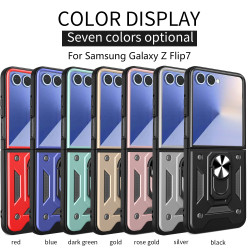 For Samsung Galaxy Z Flip7 Case With Slide Lens Cover Rotating Ring Shockproof Stand Holder Phone Case