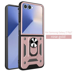 For Samsung Galaxy Z Flip7 Case With Slide Lens Cover Rotating Ring Shockproof Stand Holder Phone Case
