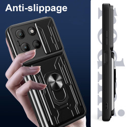 For Motorola Moto G15 Case With Slide Lens Cover Rotating Ring Shockproof Stand Holder Phone Case