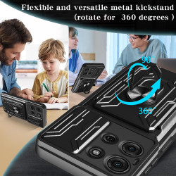 For Motorola Moto G75 Case With Slide Lens Cover Rotating Ring Shockproof Stand Holder Phone Case