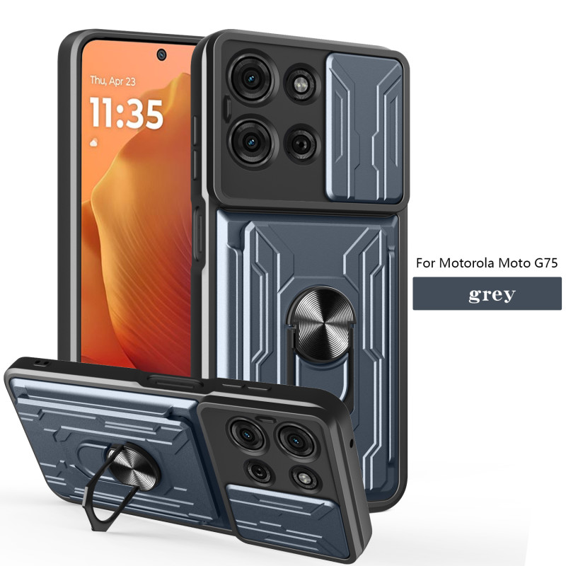 For Motorola Moto G75 Case With Slide Lens Cover Rotating Ring Shockproof Stand Holder Phone Case