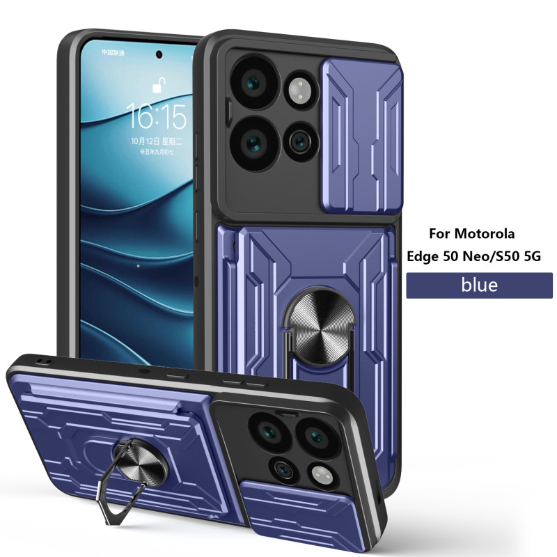 For Motorola Edge 50 Neo Case With Slide Lens Cover Rotating Ring Shockproof Stand Holder Phone Case
