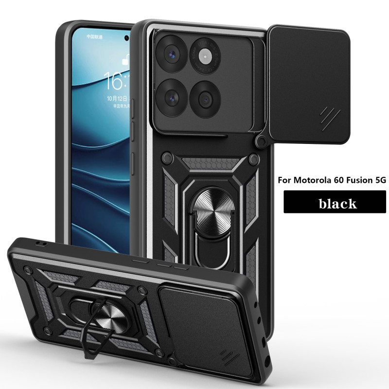 For Motorola Edge 60 Fusion Case With Slide Lens Cover Rotating Ring Shockproof Stand Holder Phone Case