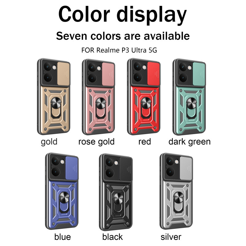 For Realme P3 Ultra Case With Slide Lens Cover Rotating Ring Shockproof Stand Holder Phone Case