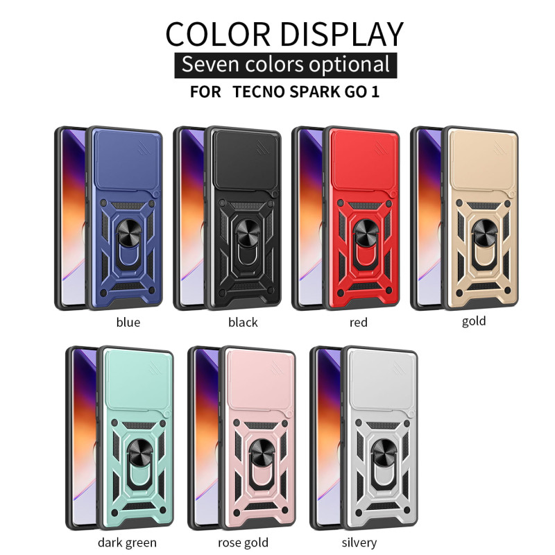 For Tecno Spark Go 1 Case With Slide Lens Cover Rotating Ring Shockproof Stand Holder Phone Case