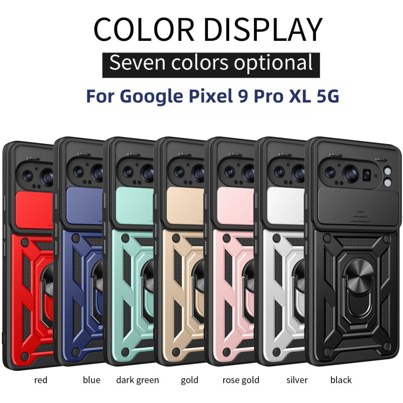 For Google Pixel 9 Pro XL Case With Slide Lens Cover Rotating Ring Shockproof Stand Holder Phone Case