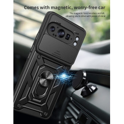 For Google Pixel 9 Pro XL Case With Slide Lens Cover Rotating Ring Shockproof Stand Holder Phone Case