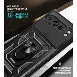 For Google Pixel 9 Pro XL Case With Slide Lens Cover Rotating Ring Shockproof Stand Holder Phone Case