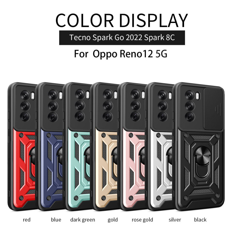 For Oppo Reno12 Case With Slide Lens Cover Rotating Ring Shockproof Stand Holder Phone Case