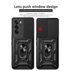 For Oppo Reno12 Case With Slide Lens Cover Rotating Ring Shockproof Stand Holder Phone Case