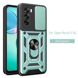 For Oppo Reno12 Case With Slide Lens Cover Rotating Ring Shockproof Stand Holder Phone Case