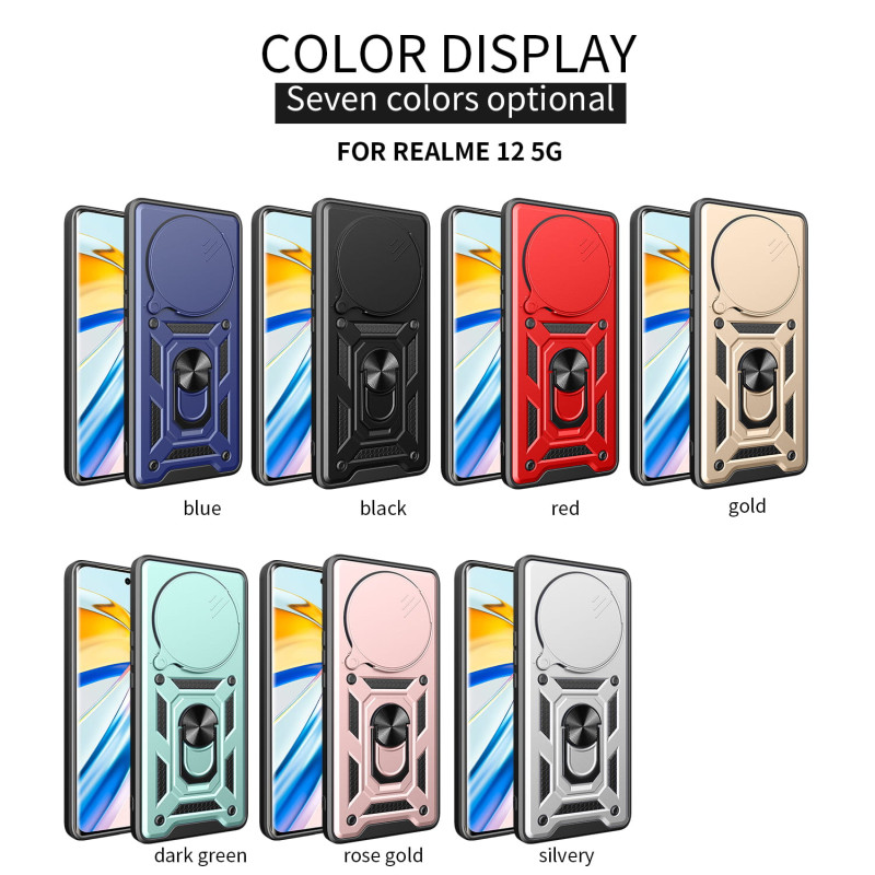 For Realme 12 5G Case With Slide Lens Cover Rotating Ring Shockproof Stand Holder Phone Case