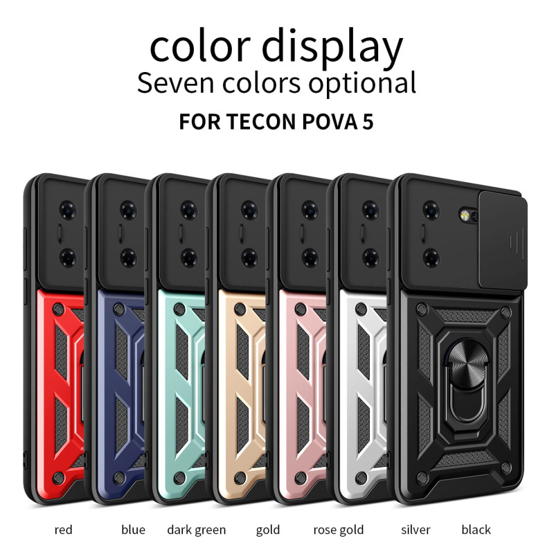 For Tecno Pova 5 Case With Slide Lens Cover Rotating Ring Shockproof Stand Holder Phone Case