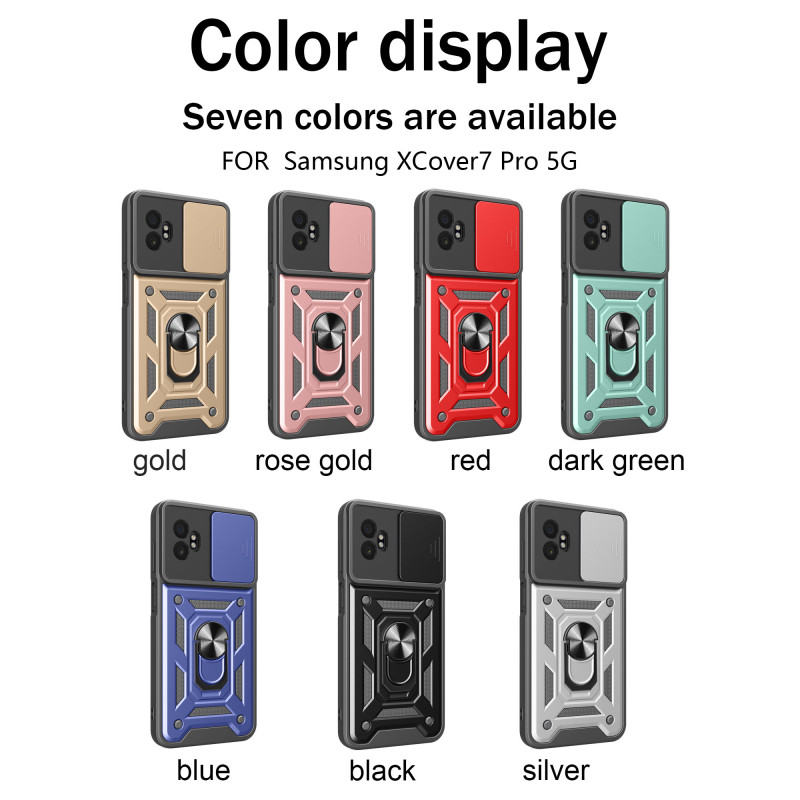 For Samsung Galaxy XCover7 Pro Case With Slide Lens Cover Rotating Ring Shockproof Stand Holder Phone Case