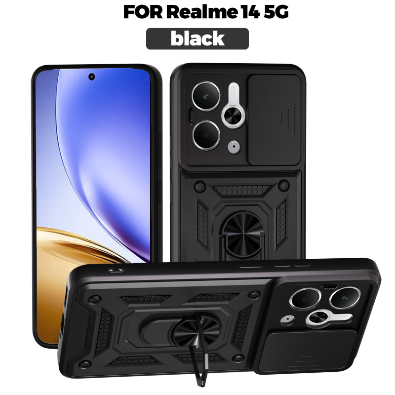 For Realme 14 Case With Slide Lens Cover Rotating 13+5G 13Pro 5G 13Pro+ 5G Ring Shockproof Stand Holder Phone Case