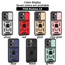 For Realme 14 Case With Slide Lens Cover Rotating 13+5G 13Pro 5G 13Pro+ 5G Ring Shockproof Stand Holder Phone Case