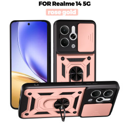 For Realme 14 Case With Slide Lens Cover Rotating 13+5G 13Pro 5G 13Pro+ 5G Ring Shockproof Stand Holder Phone Case