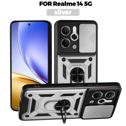 For Realme 14 Case With Slide Lens Cover Rotating 13+5G 13Pro 5G 13Pro+ 5G Ring Shockproof Stand Holder Phone Case
