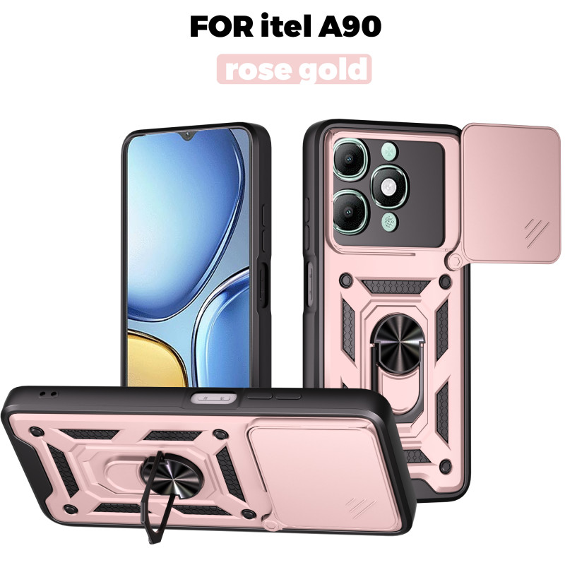 For itel A90 Case With Slide Lens Cover Rotating A70 Ring Shockproof Stand Holder Phone Case