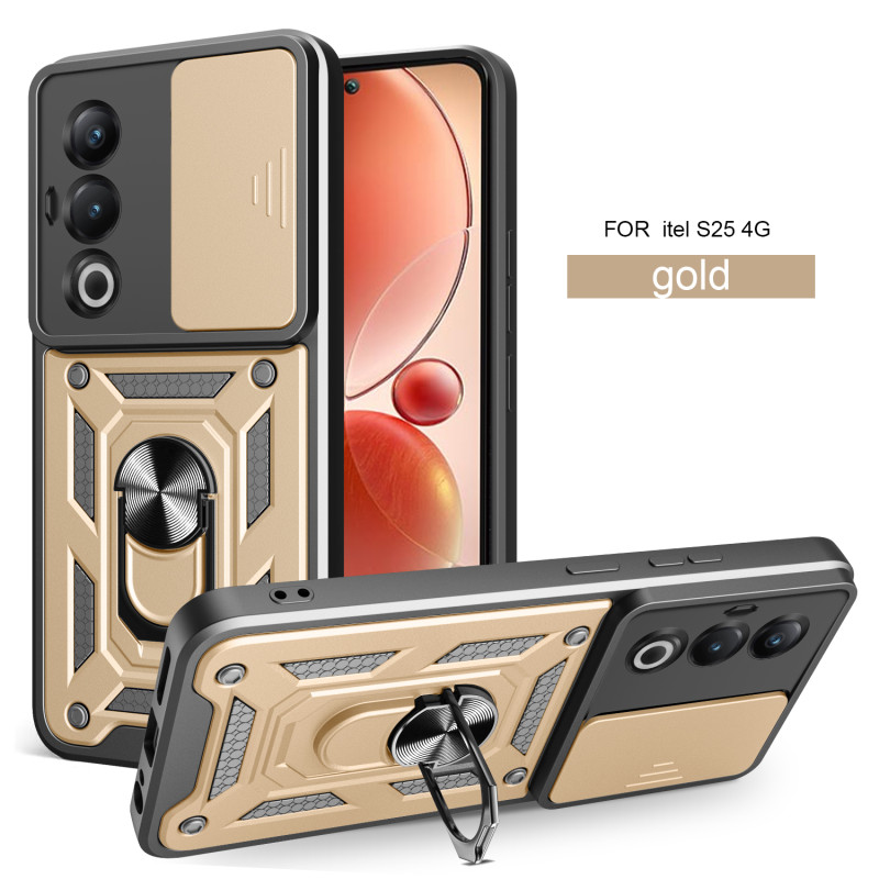 For itel S25 4G Case With Slide Lens Cover Rotating S25 Ultra 4G S24 Ring Shockproof Stand Holder Phone Case