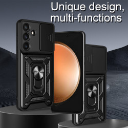 For Samsung Galaxy S25 FE Case With Slide Lens Cover S25 Ultra S25 Edge S25+ Ring Shockproof Stand Holder Phone Case