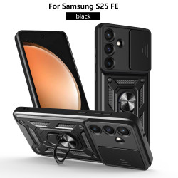 For Samsung Galaxy S25 FE Case With Slide Lens Cover S25 Ultra S25 Edge S25+ Ring Shockproof Stand Holder Phone Case