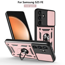 For Samsung Galaxy S25 FE Case With Slide Lens Cover S25 Ultra S25 Edge S25+ Ring Shockproof Stand Holder Phone Case